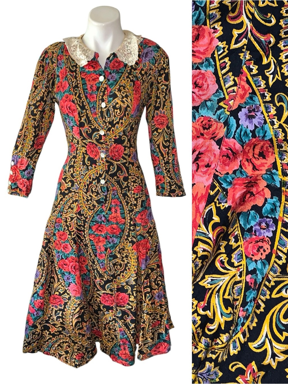 r o s e :: Vintage Romantic Floral Lace Collar Rayon Dress